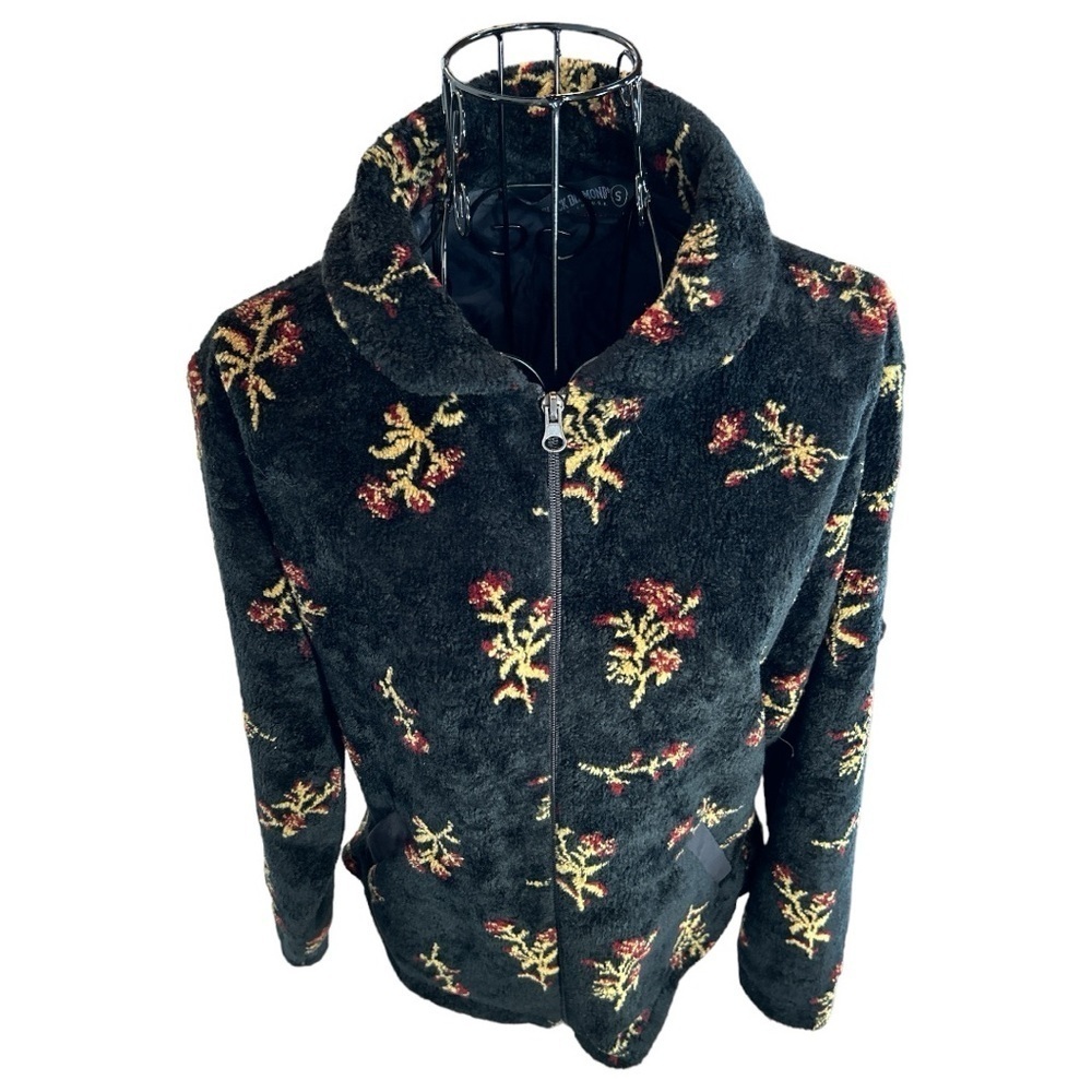VTG Black Diamond Sherpa Fleece Botanical Floral Print Jacket Black Size Small